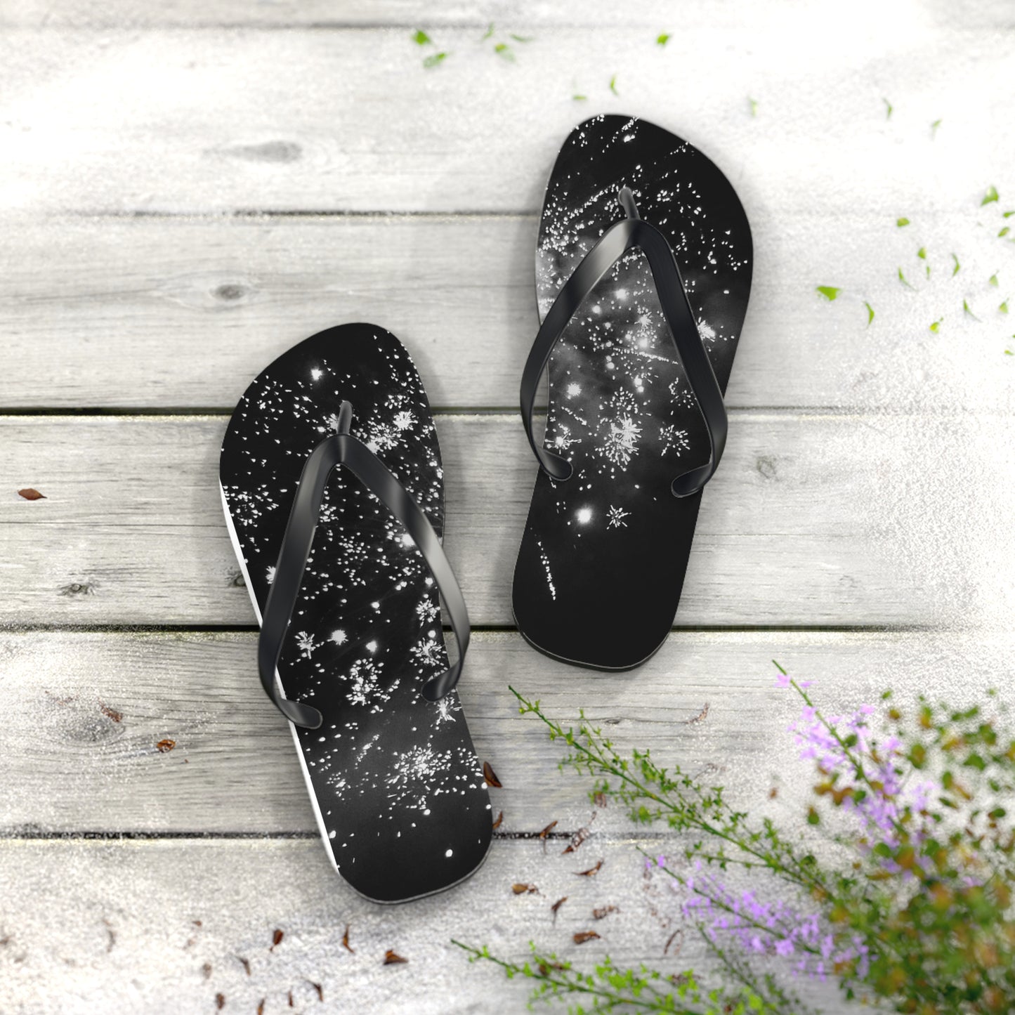 Flip Flops - Black and White Firework Design - Stylish and Fun Footwear for Summer