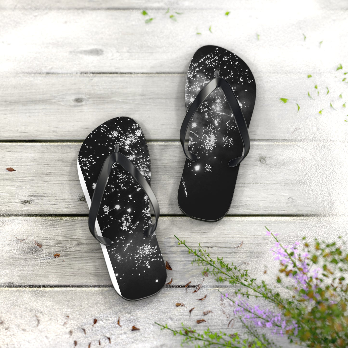 Flip Flops - Black and White Firework Design - Stylish and Fun Footwear for Summer